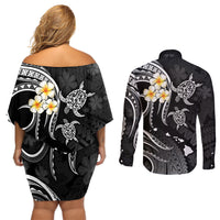 Polynesian Hawaii Couples Off Shoulder Short Dress and Long Sleeve Button Shirts Kahoolawe Islands with Pacific Plumeria White Vibe LT9 - Polynesian Pride
