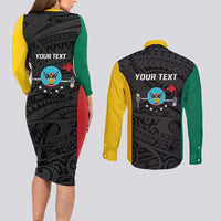 Personalised PNG Hela Province Couples Matching Long Sleeve Bodycon Dress and Long Sleeve Button Shirt Bird of Paradise Tattoo Flag Motif LT9 - Polynesian Pride