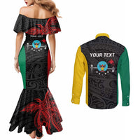 Personalised PNG Hela Province Couples Matching Mermaid Dress and Long Sleeve Button Shirt Bird of Paradise Tattoo Flag Motif LT9 - Polynesian Pride