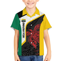 Personalised PNG Hela Province Family Matching Off The Shoulder Long Sleeve Dress and Hawaiian Shirt Bird of Paradise Tattoo Flag Motif - Polynesian Pride