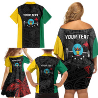 Personalised PNG Hela Province Family Matching Off Shoulder Short Dress and Hawaiian Shirt Bird of Paradise Tattoo Flag Motif - Polynesian Pride