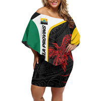 Personalised PNG Hela Province Family Matching Off Shoulder Short Dress and Hawaiian Shirt Bird of Paradise Tattoo Flag Motif - Polynesian Pride