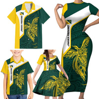 Personalised PNG Jiwaka Province Family Matching Short Sleeve Bodycon Dress and Hawaiian Shirt Bird of Paradise Tattoo Flag Motif - Polynesian Pride