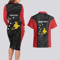 Personalised PNG Sandaun Province Couples Matching Long Sleeve Bodycon Dress and Hawaiian Shirt Bird of Paradise Tattoo Flag Motif - Polynesian Pride