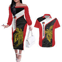 Personalised PNG Sandaun Province Couples Matching Off The Shoulder Long Sleeve Dress and Hawaiian Shirt Bird of Paradise Tattoo Flag Motif - Polynesian Pride