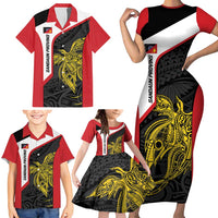 Personalised PNG Sandaun Province Family Matching Short Sleeve Bodycon Dress and Hawaiian Shirt Bird of Paradise Tattoo Flag Motif - Polynesian Pride