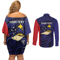 Personalised PNG West New Britain Province Couples Matching Off Shoulder Short Dress and Long Sleeve Button Shirt Bird of Paradise Tattoo Flag Motif - Polynesian Pride