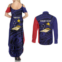 Personalised PNG West New Britain Province Couples Matching Summer Maxi Dress and Long Sleeve Button Shirt Bird of Paradise Tattoo Flag Motif - Polynesian Pride
