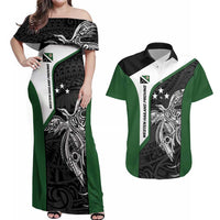 Personalised PNG Western Highlands Province Couples Matching Off Shoulder Maxi Dress and Hawaiian Shirt Bird of Paradise Tattoo Flag Motif - Polynesian Pride