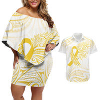 Be Bold Go Gold Polyneisan Ribbon Childhood Personalised Couples Matching Off Shoulder Short Dress and Hawaiian Shirt