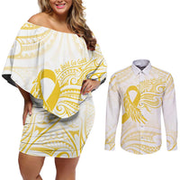 Be Bold Go Gold Polyneisan Ribbon Childhood Personalised Couples Matching Off Shoulder Short Dress and Long Sleeve Button Shirt