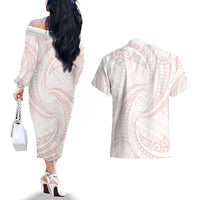 White Sunday Lotu Tamaiti Couples Matching Off The Shoulder Long Sleeve Dress and Hawaiian Shirt Polynesian Wave Pastel Blush - Polynesian Pride