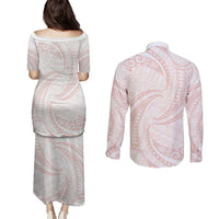 White Sunday Lotu Tamaiti Couples Matching Puletasi and Long Sleeve Button Shirt Polynesian Wave Pastel Blush LT9 - Polynesian Pride