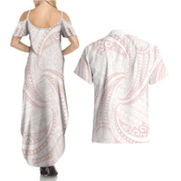 White Sunday Lotu Tamaiti Couples Matching Summer Maxi Dress and Hawaiian Shirt Polynesian Wave Pastel Blush - Polynesian Pride