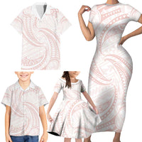 White Sunday Lotu Tamaiti Family Matching Short Sleeve Bodycon Dress and Hawaiian Shirt Polynesian Wave Pastel Blush - Polynesian Pride