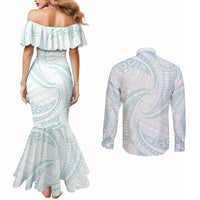 White Sunday Lotu Tamaiti Couples Matching Mermaid Dress and Long Sleeve Button Shirt Polynesian Wave Pastel Cyan - Polynesian Pride