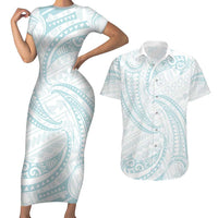 White Sunday Lotu Tamaiti Couples Matching Short Sleeve Bodycon Dress and Hawaiian Shirt Polynesian Wave Pastel Cyan - Polynesian Pride