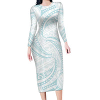 White Sunday Lotu Tamaiti Family Matching Long Sleeve Bodycon Dress and Hawaiian Shirt Polynesian Wave Pastel Cyan - Polynesian Pride