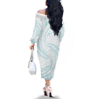 White Sunday Lotu Tamaiti Family Matching Off The Shoulder Long Sleeve Dress and Hawaiian Shirt Polynesian Wave Pastel Cyan - Polynesian Pride