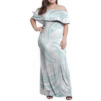 White Sunday Lotu Tamaiti Family Matching Off Shoulder Maxi Dress and Hawaiian Shirt Polynesian Wave Pastel Cyan - Polynesian Pride