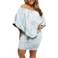 White Sunday Lotu Tamaiti Off Shoulder Short Dress Polynesian Wave Pastel Cyan - Polynesian Pride