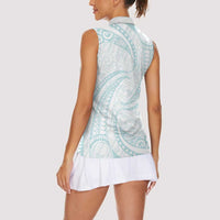 White Sunday Lotu Tamaiti Women Sleeveless Polo Shirt Polynesian Wave Pastel Cyan - Polynesian Pride