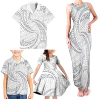 White Sunday Lotu Tamaiti Family Matching Tank Maxi Dress and Hawaiian Shirt Polynesian Wave Pastel Gray - Polynesian Pride