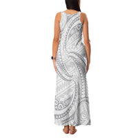 White Sunday Lotu Tamaiti Family Matching Tank Maxi Dress and Hawaiian Shirt Polynesian Wave Pastel Gray - Polynesian Pride