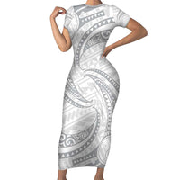 White Sunday Lotu Tamaiti Short Sleeve Bodycon Dress Polynesian Wave Pastel Gray - Polynesian Pride