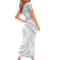 White Sunday Lotu Tamaiti Short Sleeve Bodycon Dress Polynesian Wave Pastel Gray - Polynesian Pride