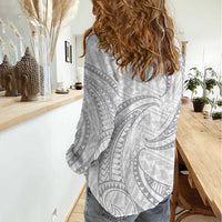 White Sunday Lotu Tamaiti Women Casual Shirt Polynesian Wave Pastel Gray - Polynesian Pride