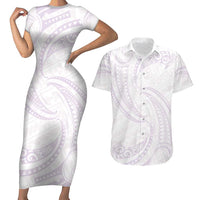 White Sunday Lotu Tamaiti Couples Matching Short Sleeve Bodycon Dress and Hawaiian Shirt Polynesian Wave Pastel Mauve - Polynesian Pride