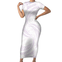 White Sunday Lotu Tamaiti Short Sleeve Bodycon Dress Polynesian Wave Pastel Mauve - Polynesian Pride