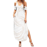 White Sunday Lotu Tamaiti Summer Maxi Dress Polynesian Wave Pastel Nude - Polynesian Pride