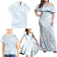 White Sunday Lotu Tamaiti Family Matching Off Shoulder Maxi Dress and Hawaiian Shirt Polynesian Wave Pastel Sky Blue - Polynesian Pride