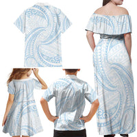 White Sunday Lotu Tamaiti Family Matching Off Shoulder Maxi Dress and Hawaiian Shirt Polynesian Wave Pastel Sky Blue - Polynesian Pride