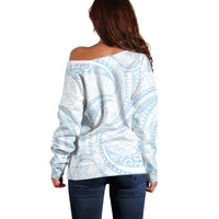White Sunday Lotu Tamaiti Off Shoulder Sweater Polynesian Wave Pastel Sky Blue - Polynesian Pride