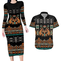 Black Batik Papua-inspired Pattern Couples Matching Long Sleeve Bodycon Dress and Hawaiian Shirt - Polynesian Pride