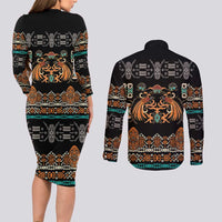 Black Batik Papua-inspired Pattern Couples Matching Long Sleeve Bodycon Dress and Long Sleeve Button Shirt - Polynesian Pride