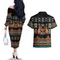 Black Batik Papua-inspired Pattern Couples Matching Off The Shoulder Long Sleeve Dress and Hawaiian Shirt - Polynesian Pride
