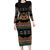 Black Batik Papua-inspired Pattern Family Matching Long Sleeve Bodycon Dress and Hawaiian Shirt - Polynesian Pride