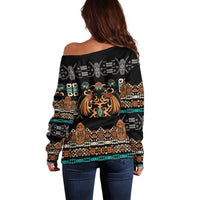 Black Batik Papua-inspired Pattern Off Shoulder Sweater - Polynesian Pride