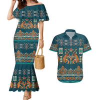 Dark Cyan Blue Batik Papua-inspired Pattern Couples Matching Mermaid Dress and Hawaiian Shirt - Polynesian Pride