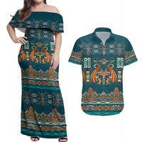 Dark Cyan Blue Batik Papua-inspired Pattern Couples Matching Off Shoulder Maxi Dress and Hawaiian Shirt - Polynesian Pride