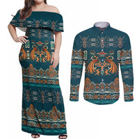 Dark Cyan Blue Batik Papua-inspired Pattern Couples Matching Off Shoulder Maxi Dress and Long Sleeve Button Shirt - Polynesian Pride