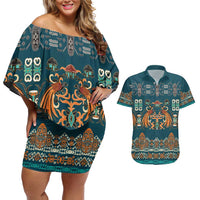 Dark Cyan Blue Batik Papua-inspired Pattern Couples Matching Off Shoulder Short Dress and Hawaiian Shirt - Polynesian Pride