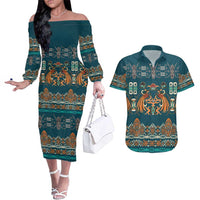 Dark Cyan Blue Batik Papua-inspired Pattern Couples Matching Off The Shoulder Long Sleeve Dress and Hawaiian Shirt - Polynesian Pride
