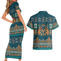 Dark Cyan Blue Batik Papua-inspired Pattern Couples Matching Short Sleeve Bodycon Dress and Hawaiian Shirt - Polynesian Pride