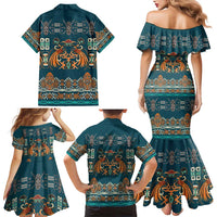 Dark Cyan Blue Batik Papua-inspired Pattern Family Matching Mermaid Dress and Hawaiian Shirt - Polynesian Pride