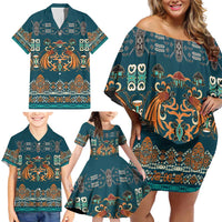 Dark Cyan Blue Batik Papua-inspired Pattern Family Matching Off Shoulder Short Dress and Hawaiian Shirt - Polynesian Pride
